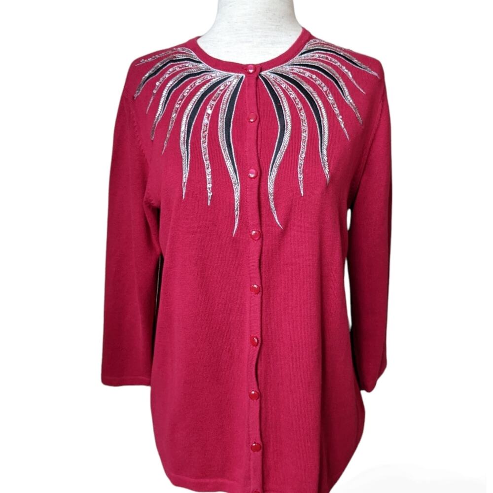 Bob Mackie Wearable Art Sequin Embellished 3/4 Sleeve Cardigan Sweater Small